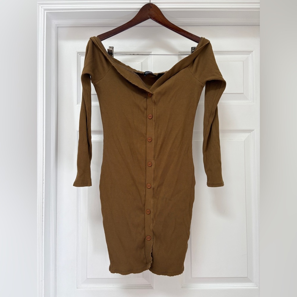 Fashion Nova Brown Button-Up Off The Shoulder Mini Dress plus size